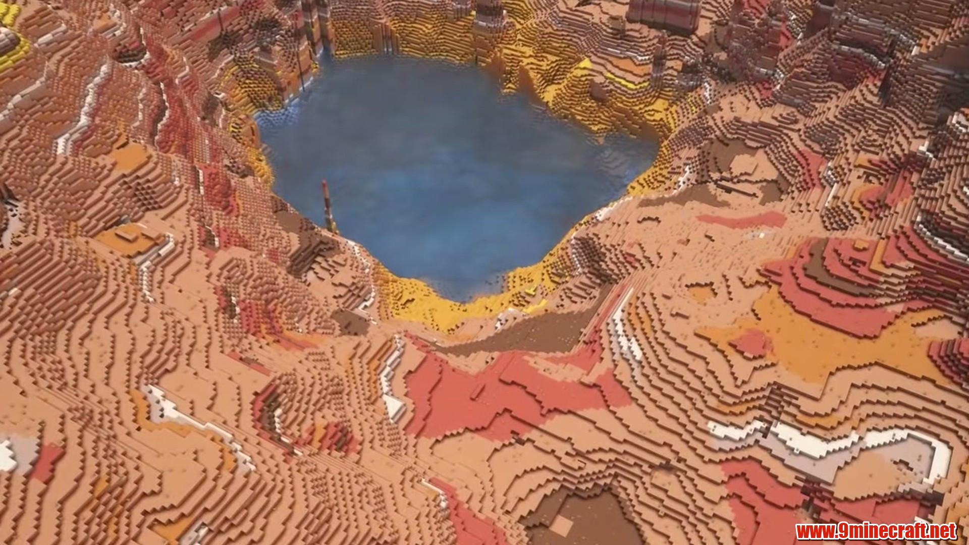 Best Seeds For Minecraft (26.2, 1.21.11) Part 14 – Java/Bedrock Edition 6 Badlands crater reservoir in minecraft seed 69427214474084009