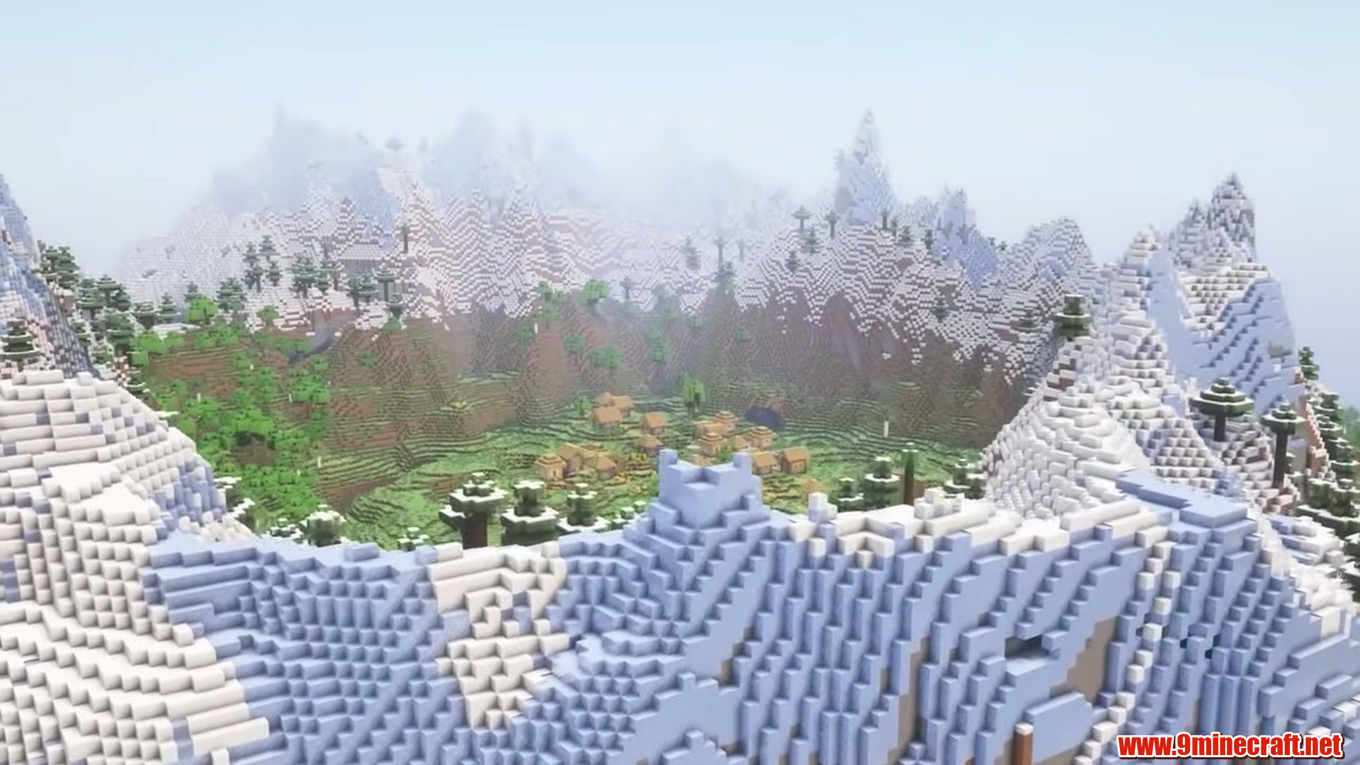 Best Seeds For Minecraft (26.2, 1.21.11) Part 14 – Java/Bedrock Edition 17 Second landscape view of village in snowy crater