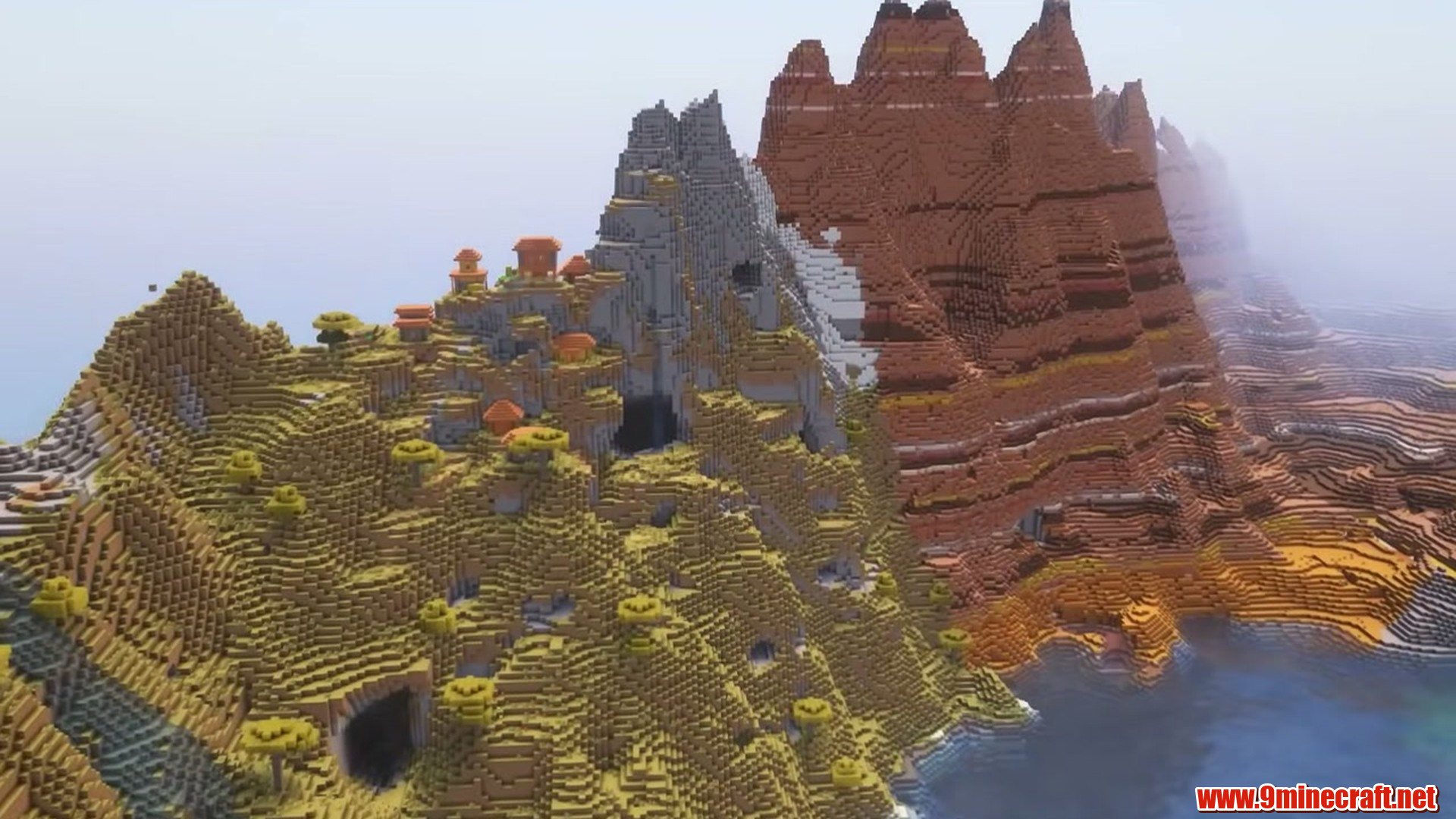 Best Seeds For Minecraft (26.2, 1.21.11) Part 14 – Java/Bedrock Edition 19 Second landscape view of savanna village at badlands coast