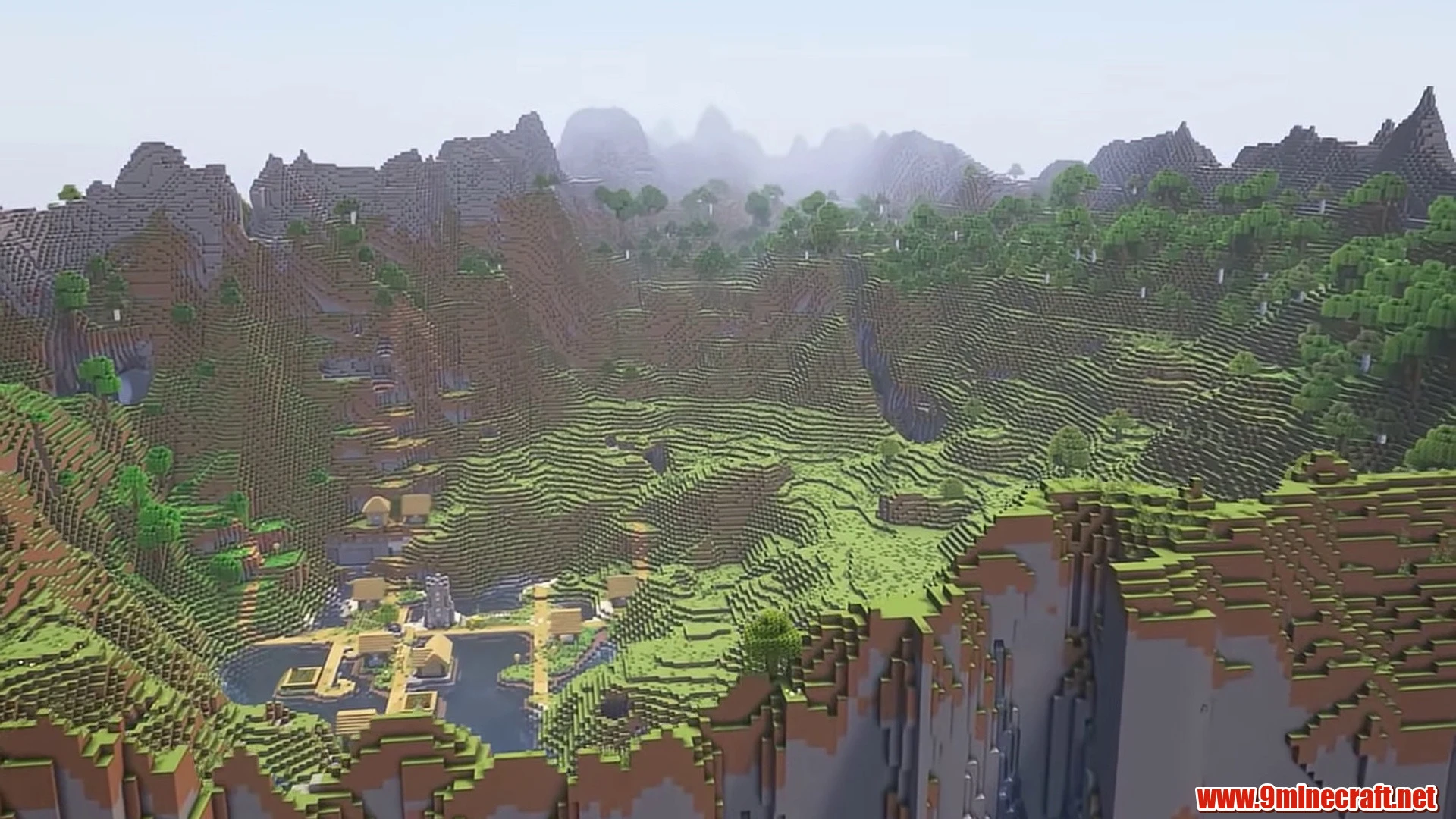 Mountain caldera crater village - minecraft seed 6942694277265162049