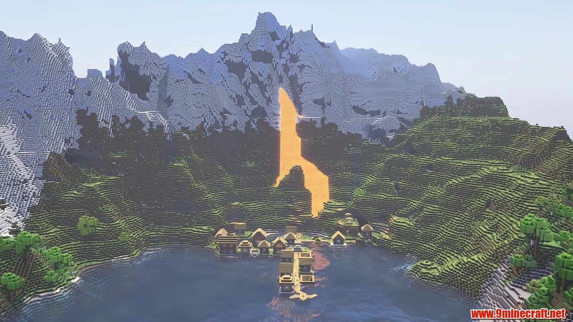 Snowy mountain lavafall lake village - minecraft seed 6944220951459764