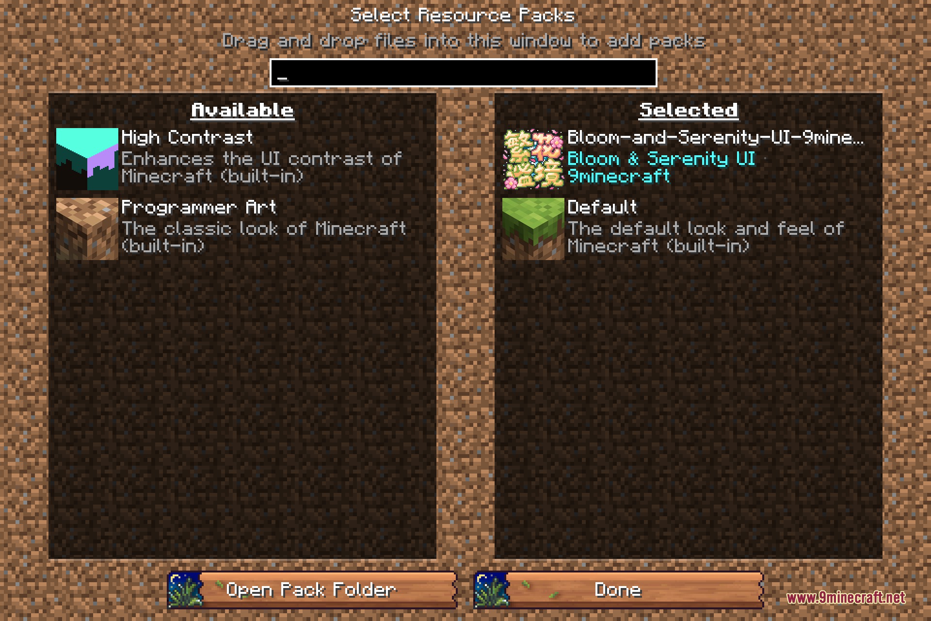Selecting the bloom and serenity ui resource pack in the minecraft resource packs menu