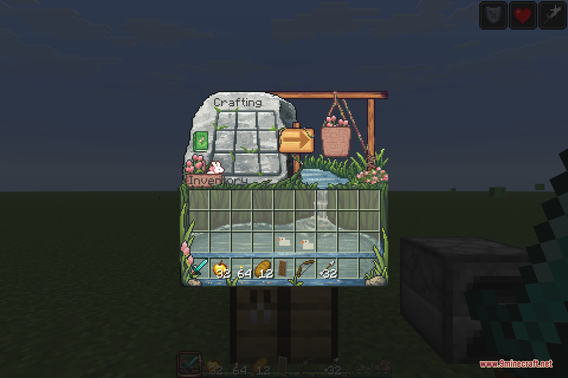 The crafting table screen with its own stonework and hanging basket
