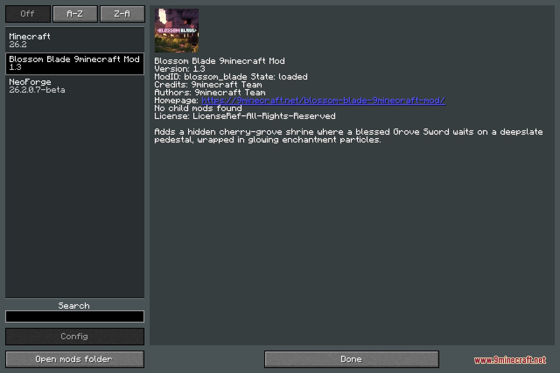 Minecraft mod menu screen displaying information about the blossom blade mod