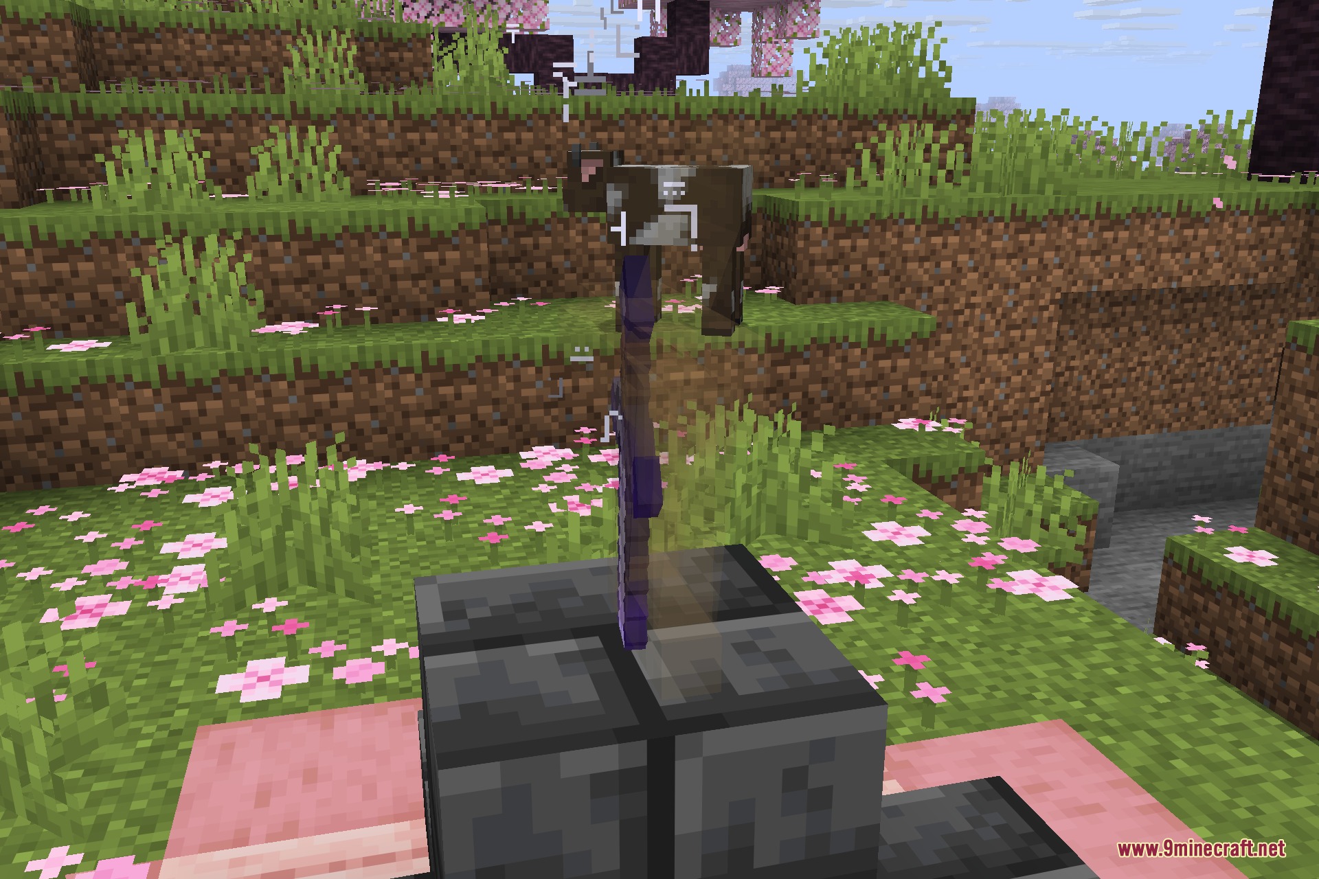 A purple sword stuck in a deepslate pedestal within a cherry grove biome