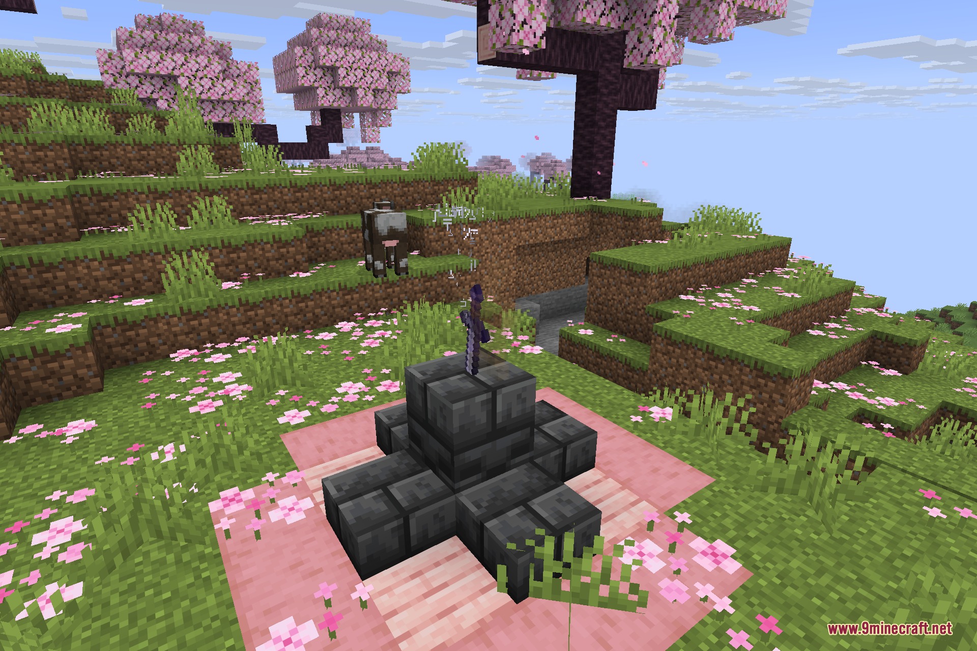 The blossom blade shrine features a sword on a pedestal in minecraft
