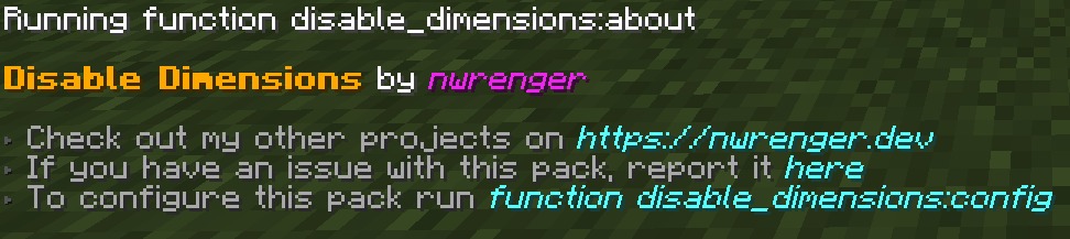 Boundless Realm Lockdown Data Pack (26.2, 1.21.1) – Lock Dimension Travel Until 8 Minecraft chat screen showing the about section for a dimension control pack