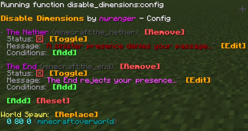 Boundless Realm Lockdown Data Pack (26.2, 1.21.1) – Lock Dimension Travel Until 9 Interactive menu in minecraft chat for configuring dimension access and world spawn
