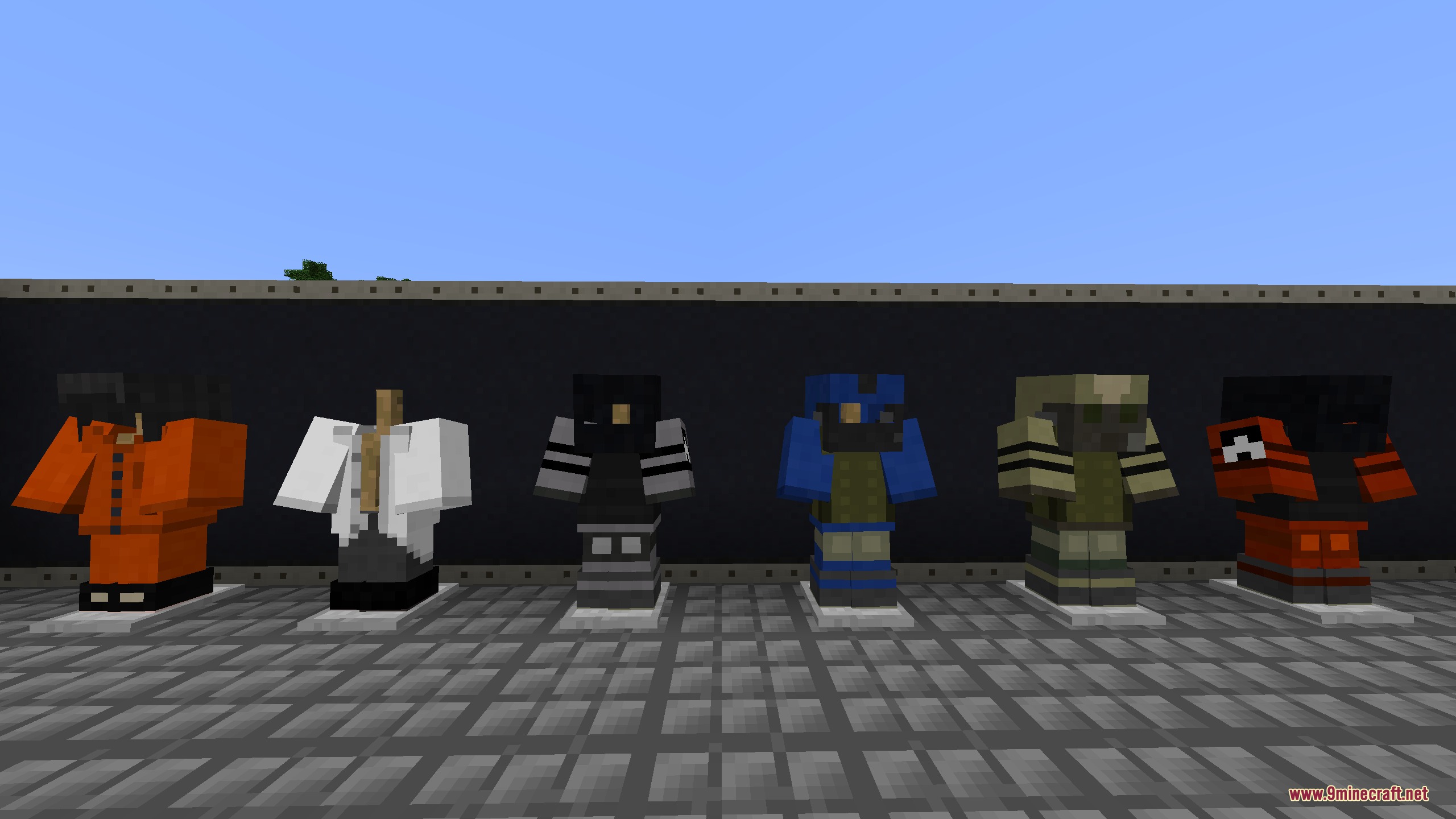 Breach Protocol Decor Mod (1.21.1, 1.20.1) – Build High-Tech Containment 7 Laboratory outfits and security uniforms displayed on several armor stands