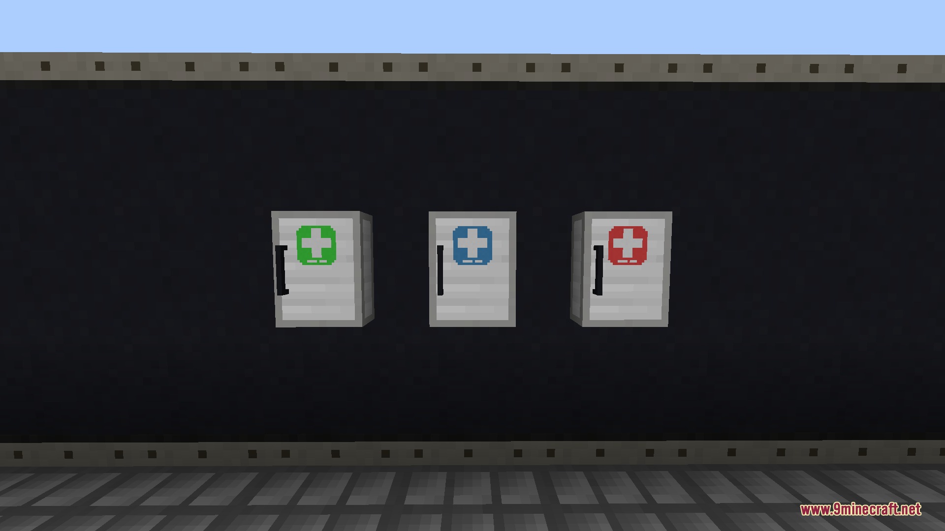 Breach Protocol Decor Mod (1.21.1, 1.20.1) – Build High-Tech Containment 8 Three medical lockers with green blue and red crosses on a dark wall