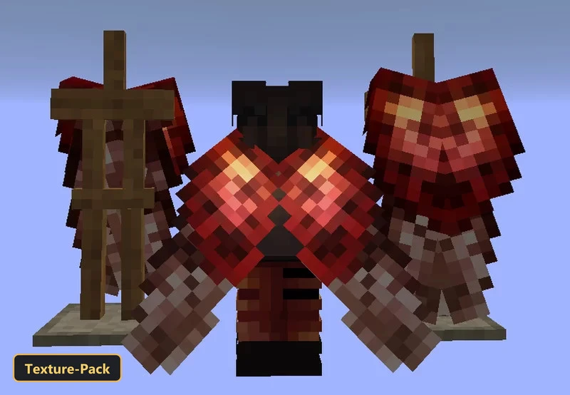 Three armor stands displaying red glowing elytra on light blue background