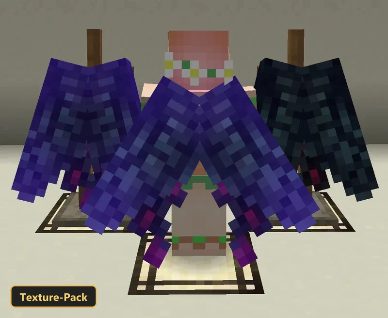 Three armor stands displaying purple and black elytra on light background