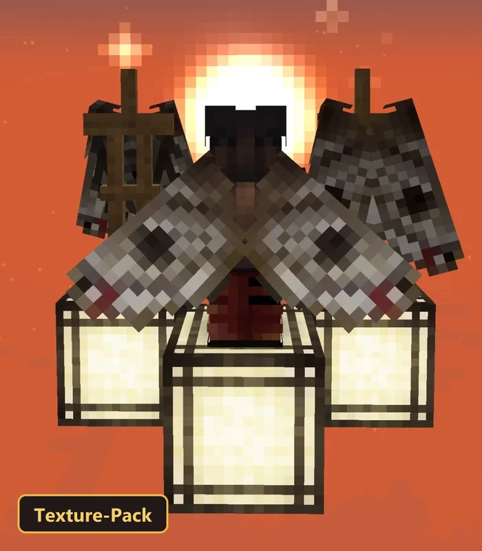 Three armor stands displaying moth-like elytra, glowing sun, orange sky