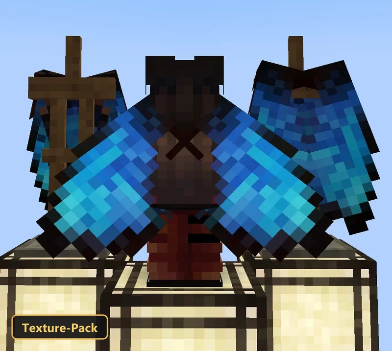Three armor stands displaying blue elytra on light blue background