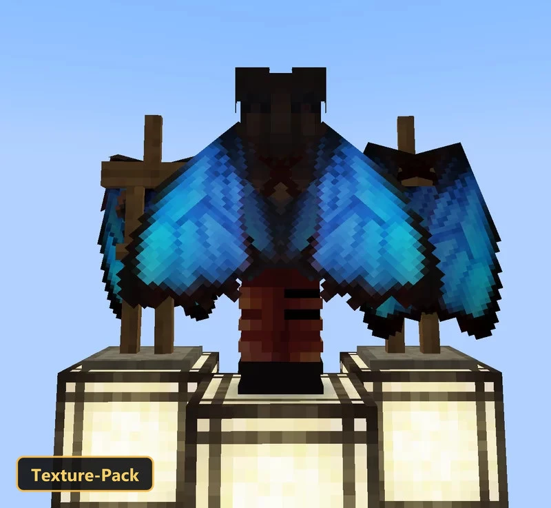 Three armor stands displaying blue elytra on light blue background