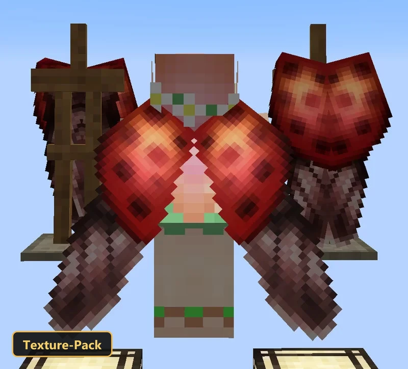 Three armor stands displaying red glowing elytra on light blue background