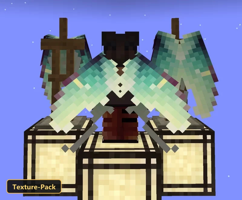 Three armor stands displaying teal and purple elytra on light blue background