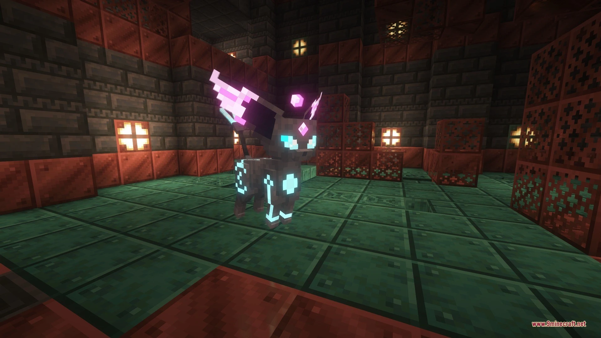 Cobblemon Kazeran Eeveelutions Data Pack (1.21.1) – Raise Powerful Regional 8 A glowing psychic and steel type espeon in a copper trial chamber