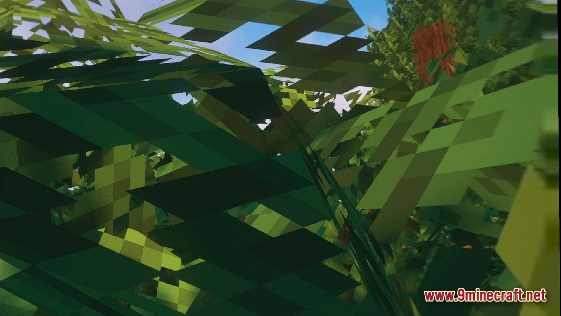 Cubic Horizon Immersion Modpack (1.20.1) – Play Minecraft In Virtual Reality 11 A first-person view looking through dense green foliage toward a forest and blue sky