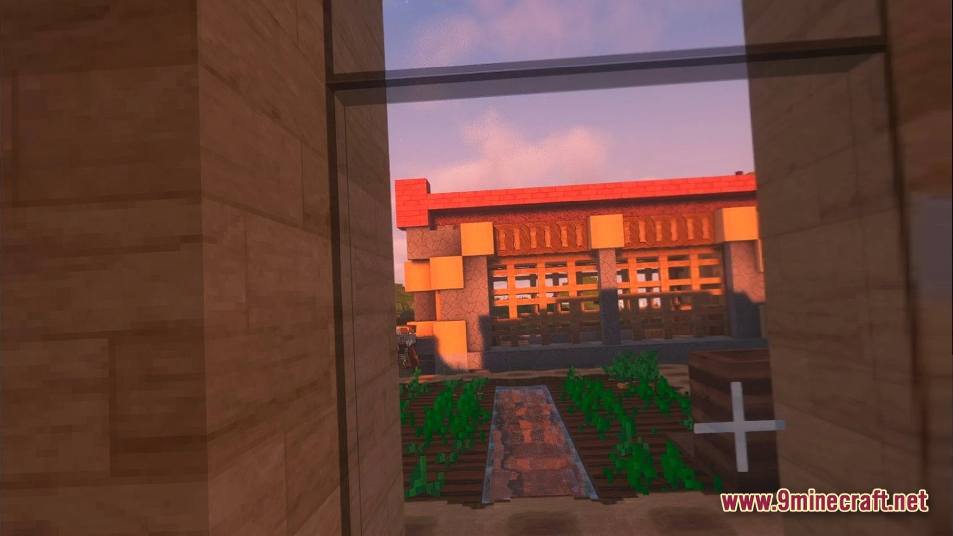 Cubic Horizon Immersion Modpack (1.20.1) – Play Minecraft In Virtual Reality 3 A view through a window showing a small farm and a stone building with shaders