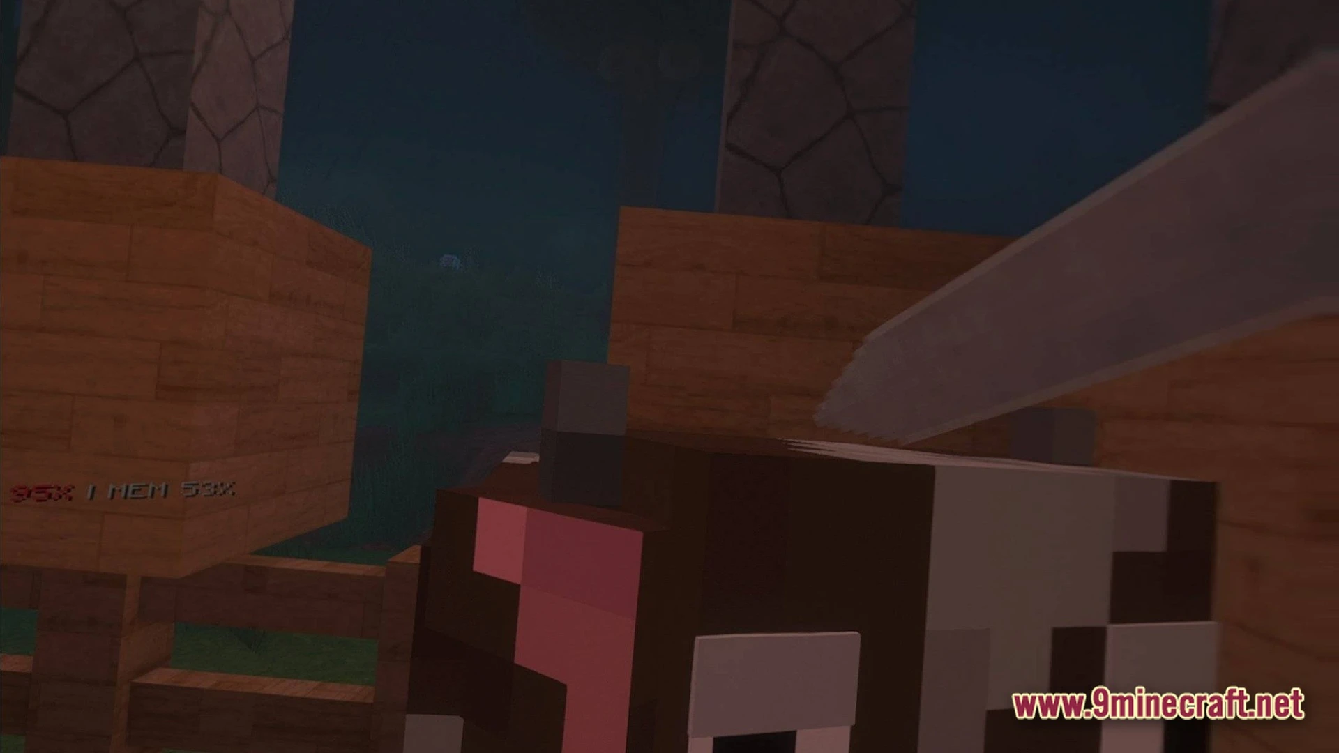 Cubic Horizon Immersion Modpack (1.20.1) – Play Minecraft In Virtual Reality 4 A first-person view of a player holding a sword near a cow inside a wooden enclosure