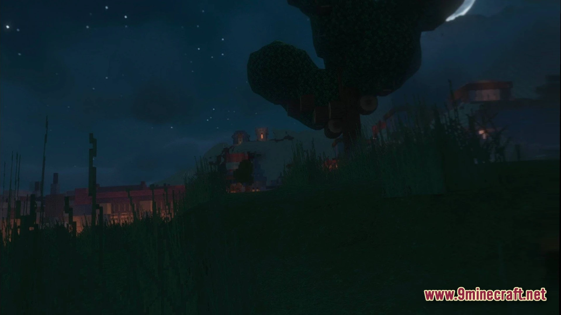 Cubic Horizon Immersion Modpack (1.20.1) – Play Minecraft In Virtual Reality 6 A nighttime view of a grassy landscape featuring distant illuminated buildings under a starry sky