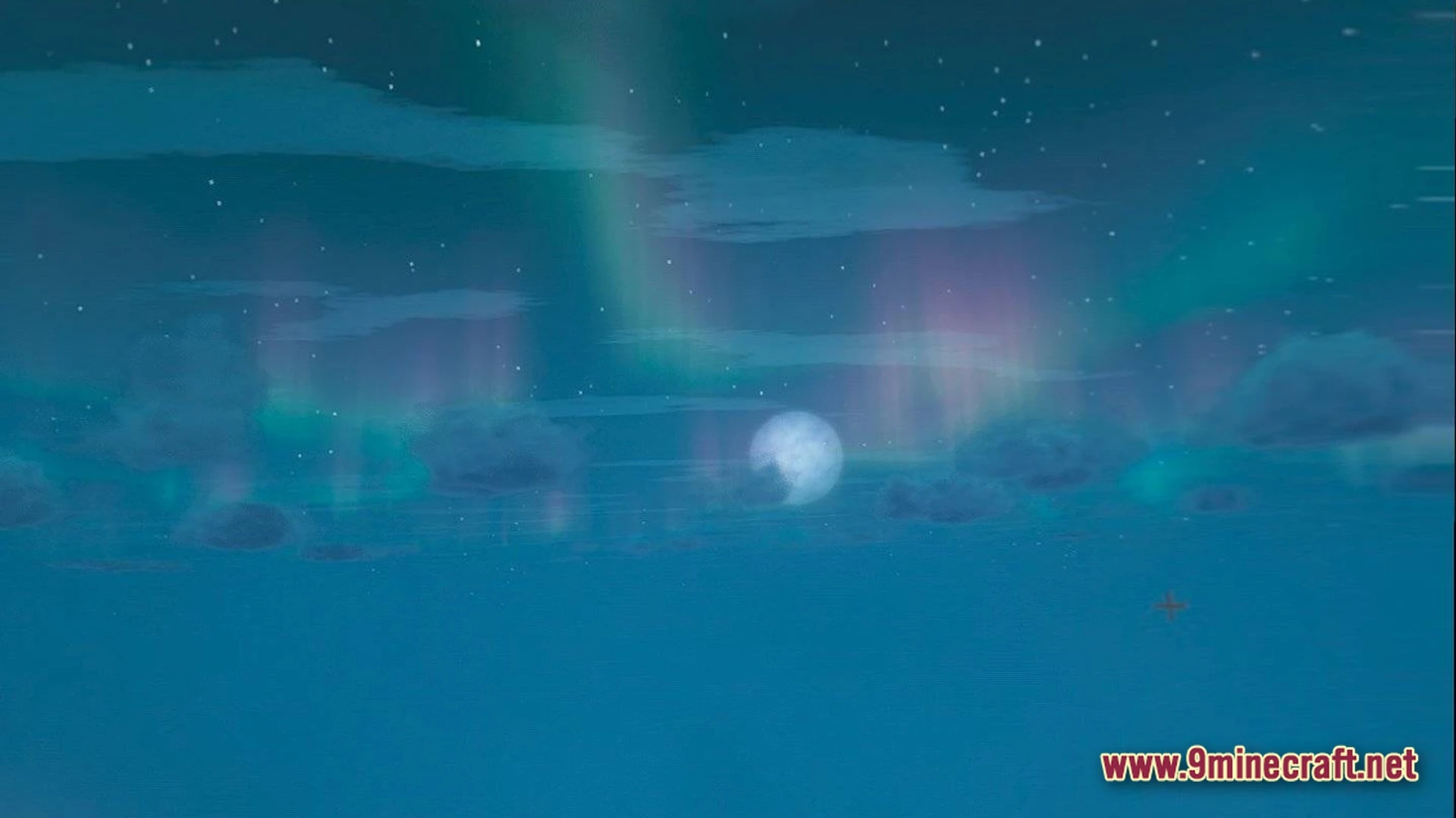 Cubic Horizon Immersion Modpack (1.20.1) – Play Minecraft In Virtual Reality 10 A vibrant aurora borealis glows in the night sky above the moon and stylized clouds