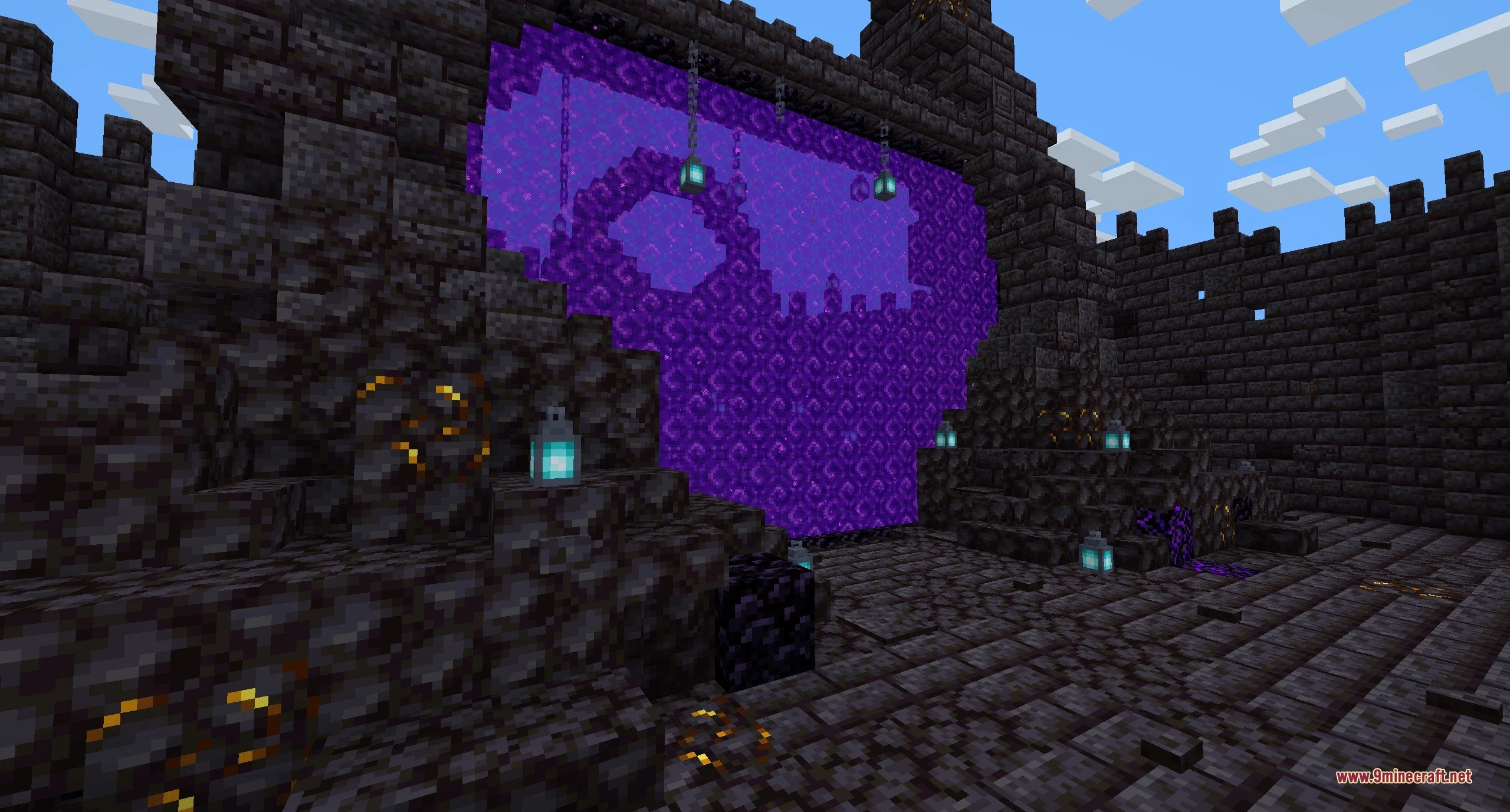 Dimensional Breach Scars Data Pack (1.21.11, 1.20.1) – Find Natural Nether 2 A large purple nether portal decorated with soul lanterns and blackstone blocks