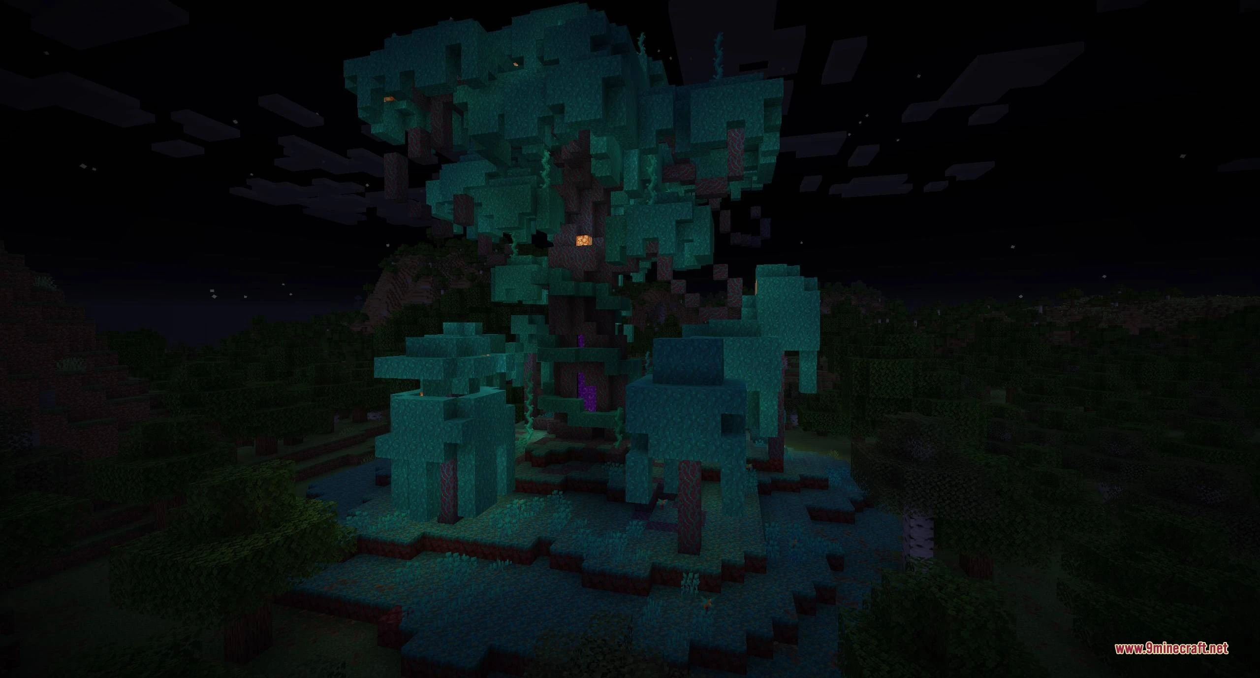 Dimensional Breach Scars Data Pack (1.21.11, 1.20.1) – Find Natural Nether 6 A massive warped forest tree structure with a nether portal at night