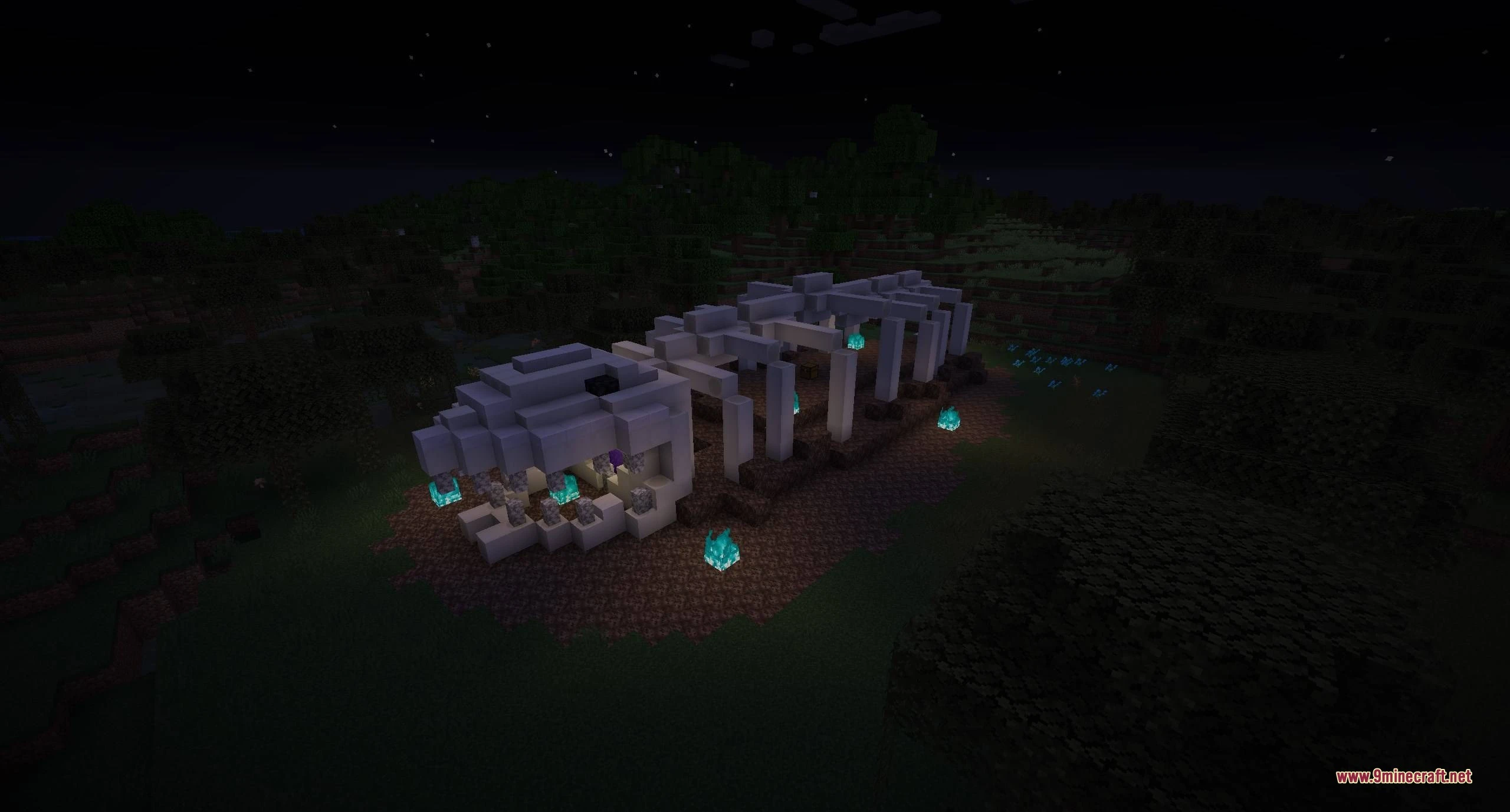 Dimensional Breach Scars Data Pack (1.21.11, 1.20.1) – Find Natural Nether 7 A giant skeleton ribcage structure with soul fire in a dark field