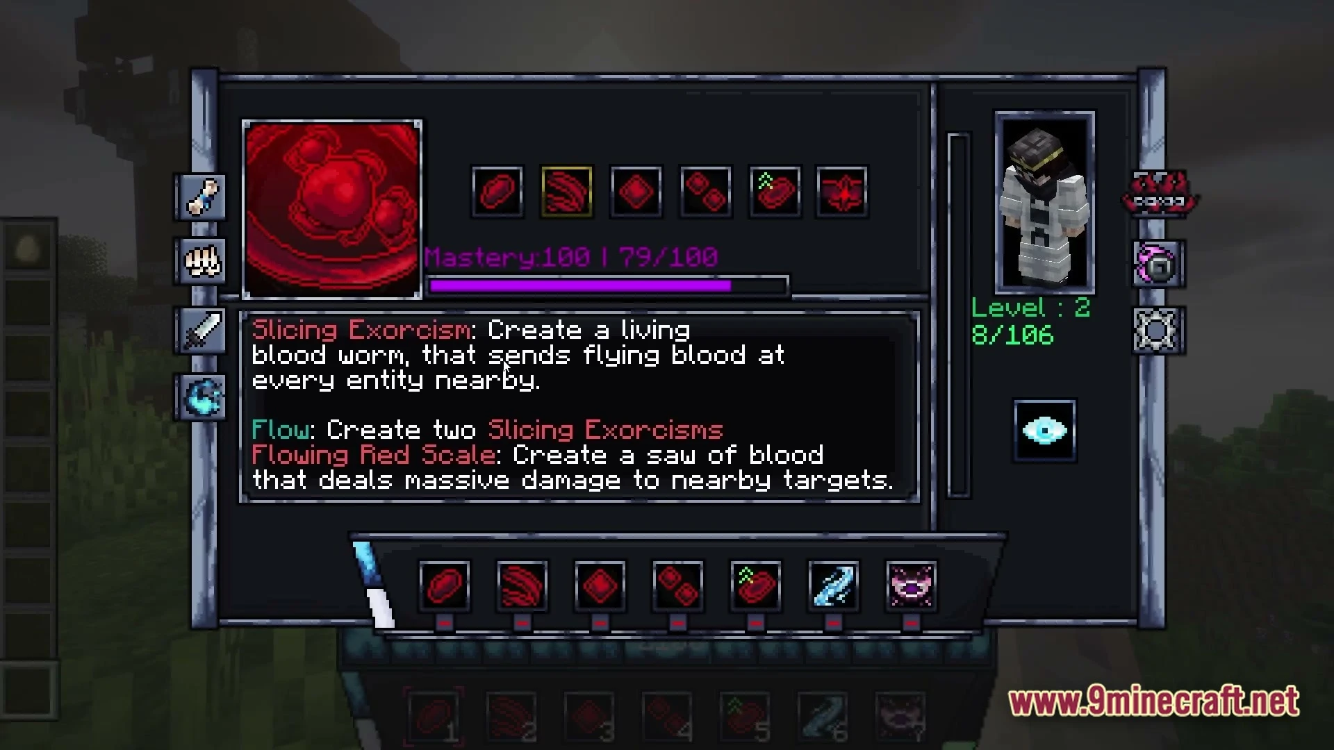 A custom character interface displaying ability descriptions, mastery levels, and combat skill icons in a dark theme