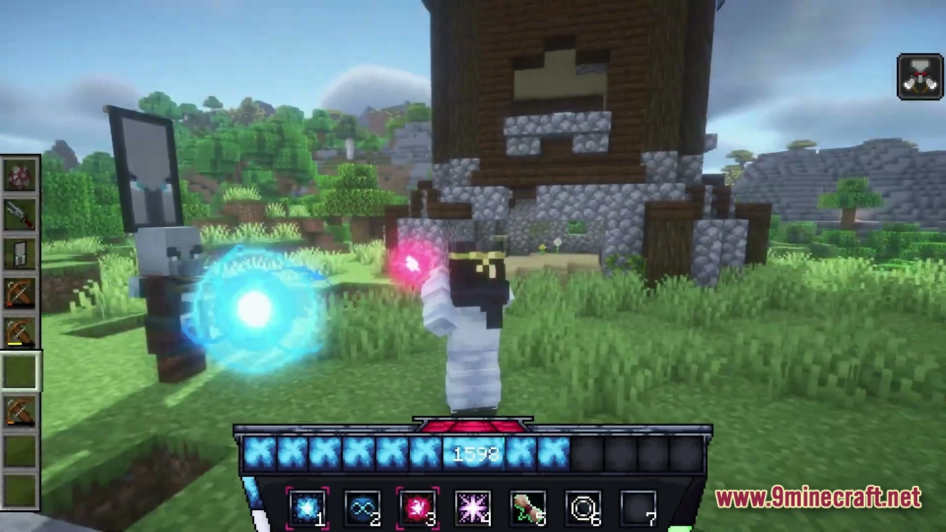A player uses magical abilities to fight a pillager captain near a wooden outpost structure
