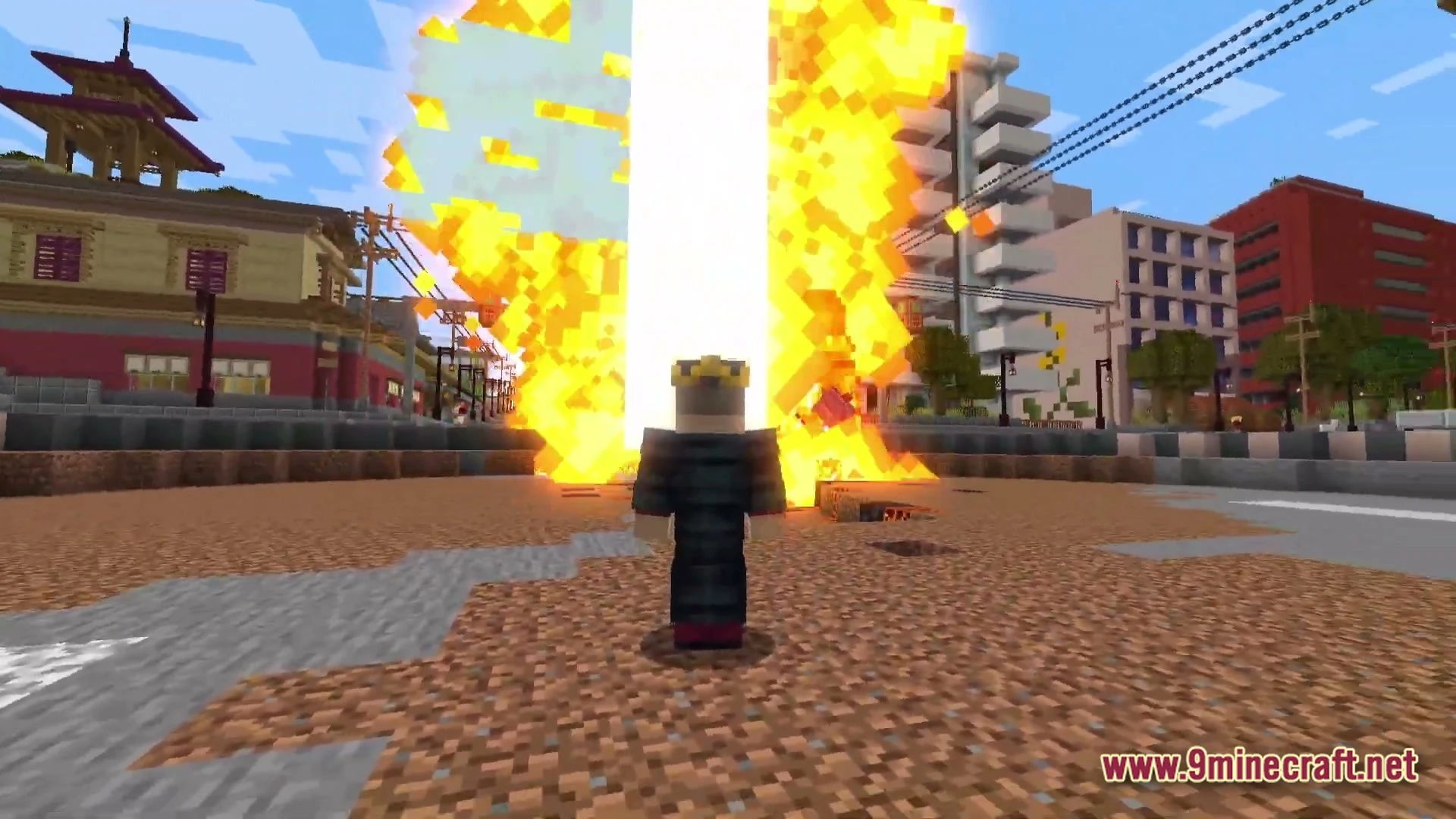 A player character stands before a large pillar of fire and light in a modern city