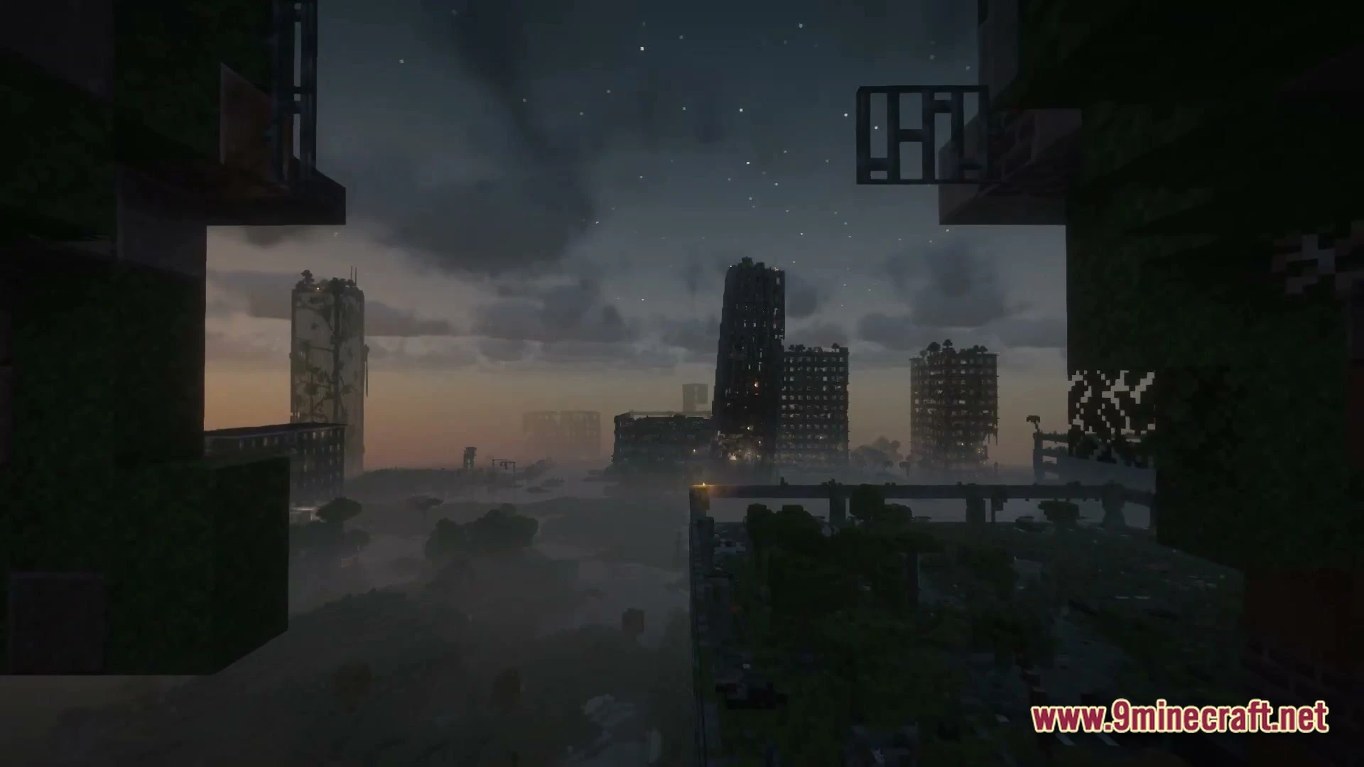 Epoch Of Decadence Modpack (1.21.1) – Survive The Spreading Zombie Outbreak 2 Dilapidated skyscrapers and overgrown urban ruins under a starry night sky in a post-apocalyptic landscape