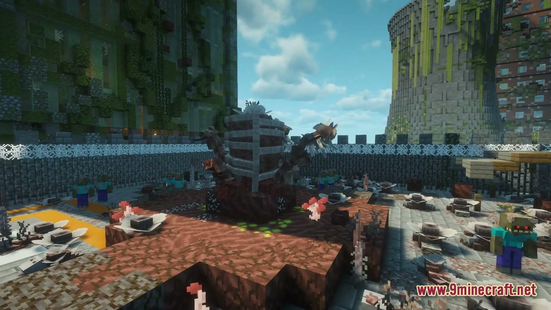 Epoch Of Decadence Modpack (1.21.1) – Survive The Spreading Zombie Outbreak 3 Zombies surround a central structure within a walled urban area featuring overgrown buildings and cooling towers