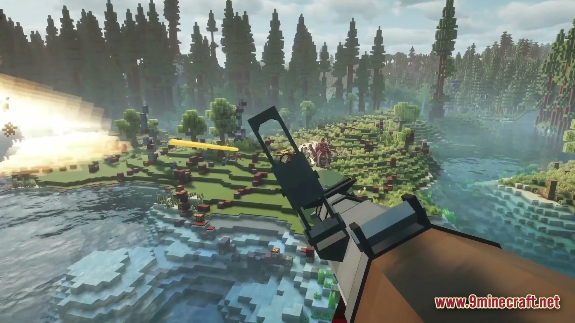 Epoch Of Decadence Modpack (1.21.1) – Survive The Spreading Zombie Outbreak 4 A first-person view of a player aiming a firearm at enemies in a forest biome