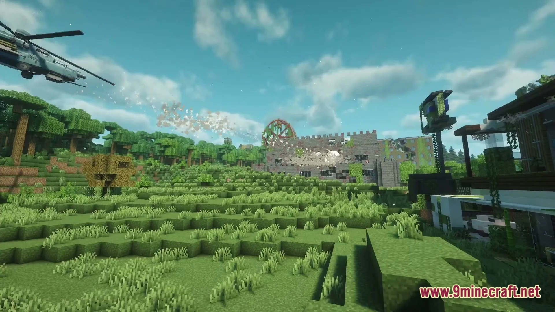 Epoch Of Decadence Modpack (1.21.1) – Survive The Spreading Zombie Outbreak 5 A military helicopter fires missiles at a stone fortress within a lush, overgrown forest landscape