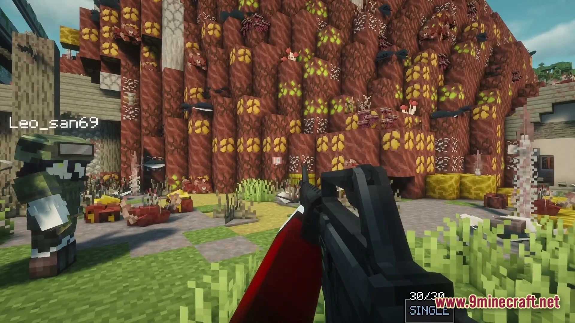 Epoch Of Decadence Modpack (1.21.1) – Survive The Spreading Zombie Outbreak 6 A player holds an assault rifle while standing near another character and fleshy, mutated terrain