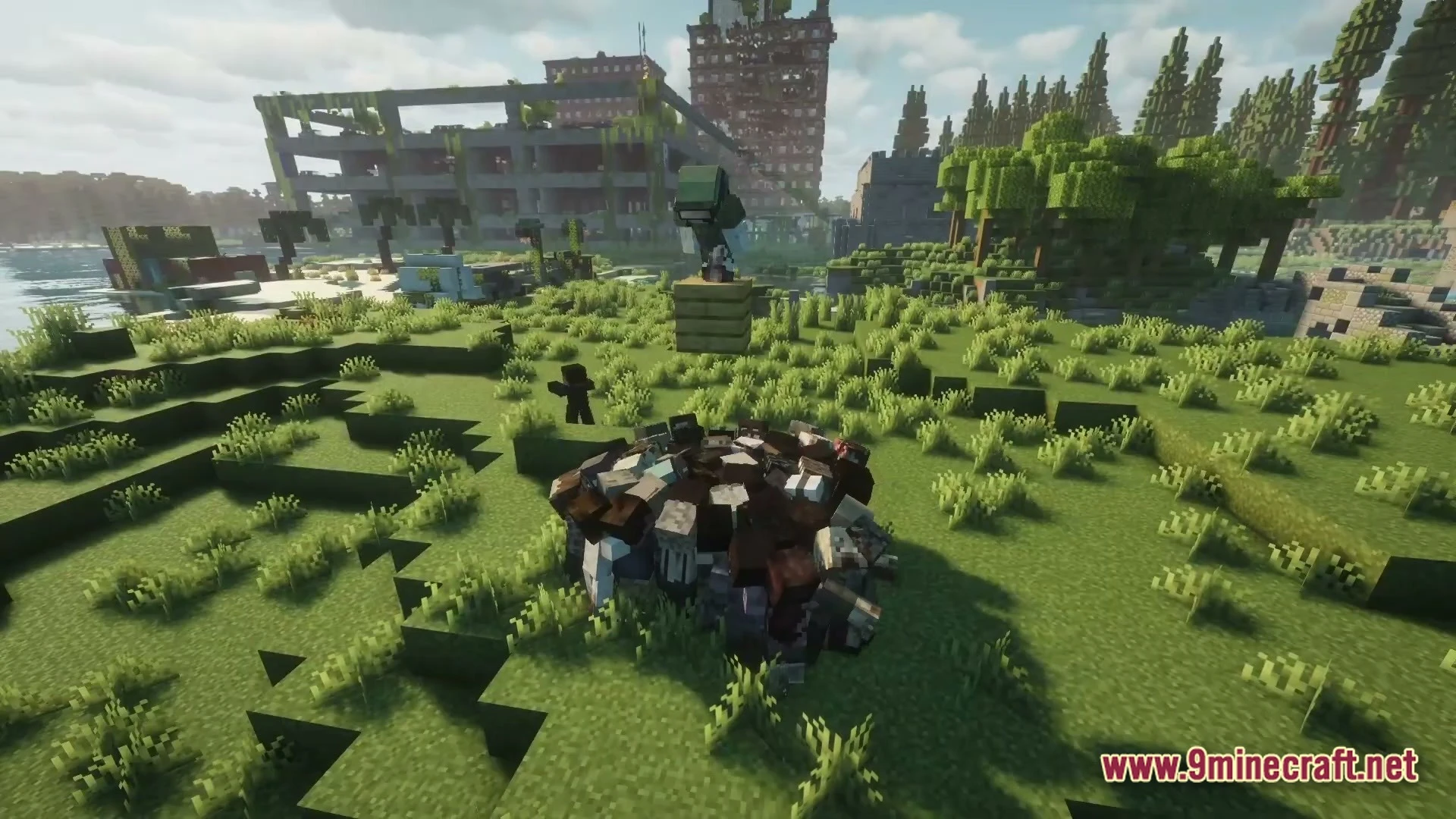 Epoch Of Decadence Modpack (1.21.1) – Survive The Spreading Zombie Outbreak 7 A cluster of zombies stands in a grassy field near overgrown, abandoned city buildings and structures