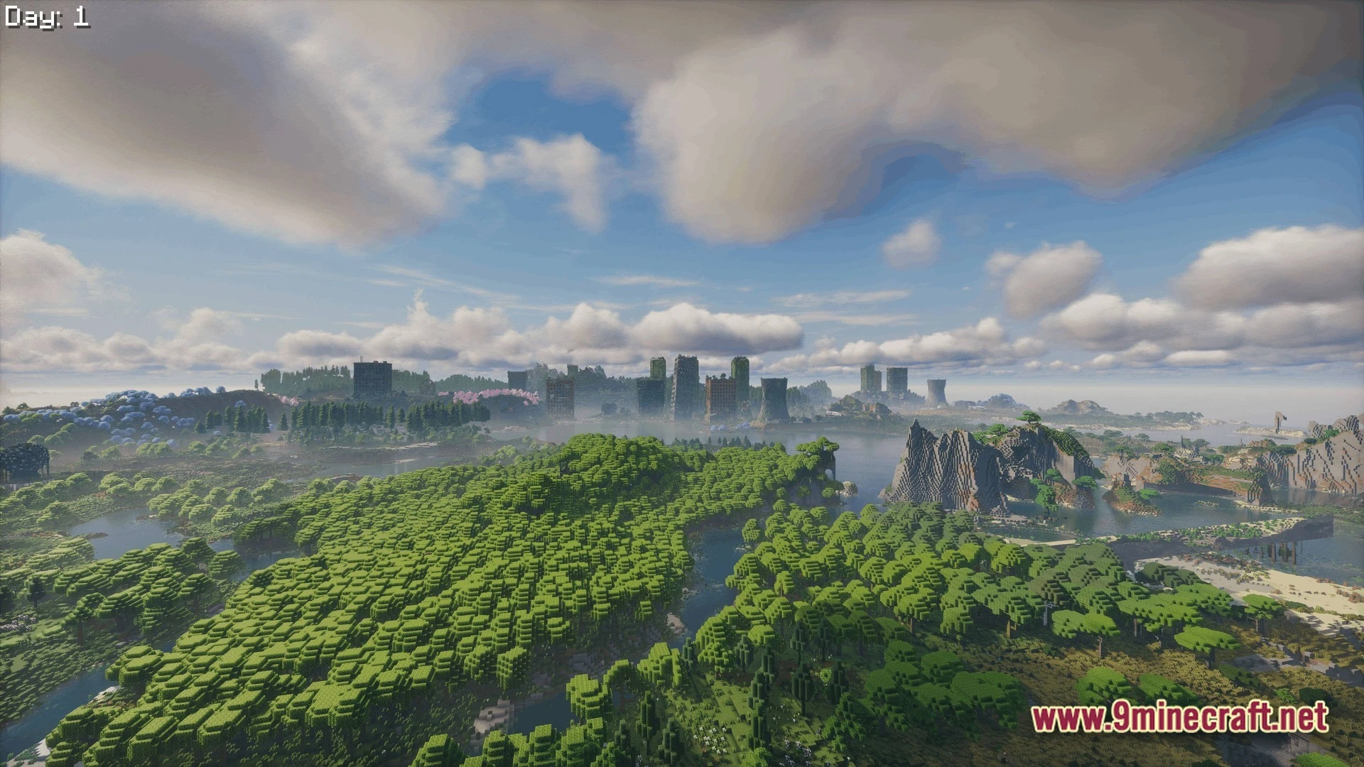 Epoch Of Decadence Modpack (1.21.1) – Survive The Spreading Zombie Outbreak 10 Abandoned city skyscrapers and industrial cooling towers overlook a lush forest and coastal landscape