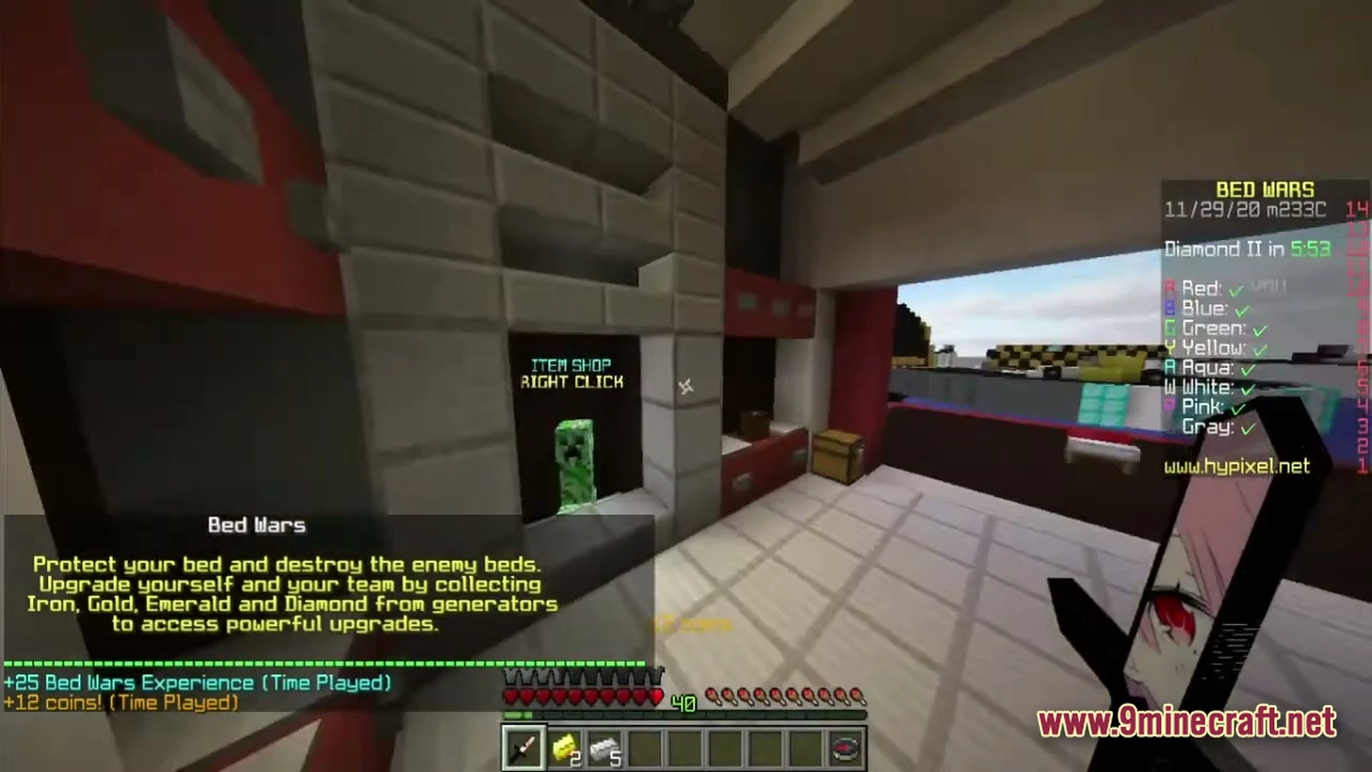 A player holds a custom sword while standing near a creeper item shop in bed wars