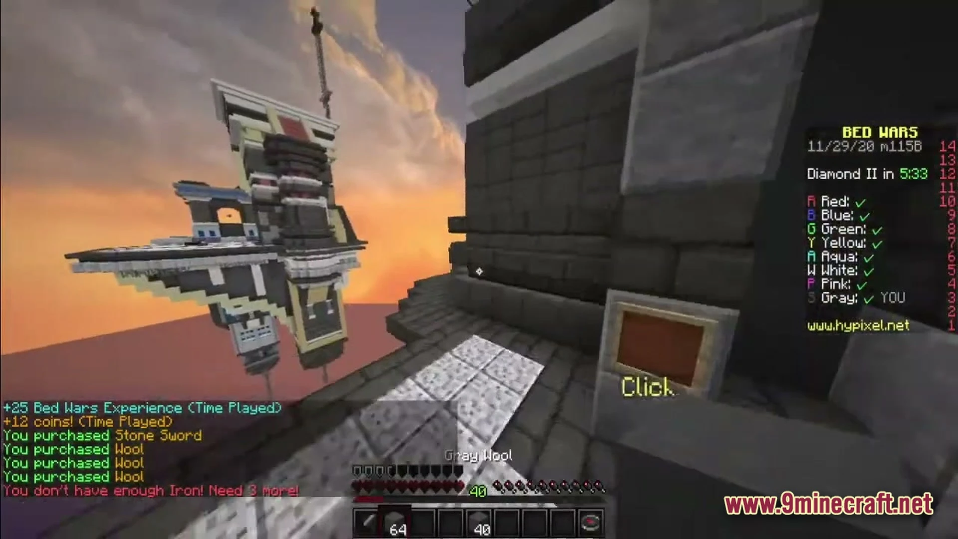 A first-person perspective of a bed wars match on a floating island map during sunset