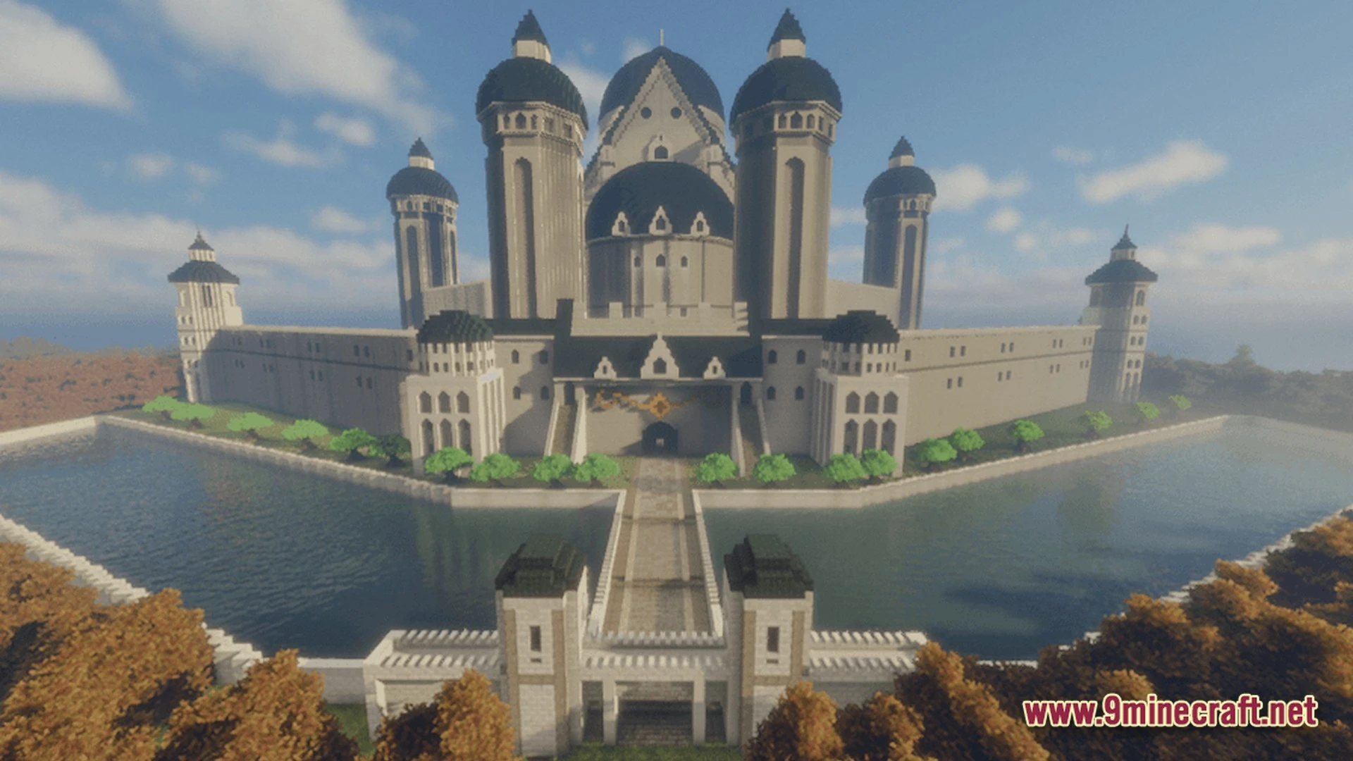 A massive white stone castle with dark domed towers and a bridge crossing a wide moat