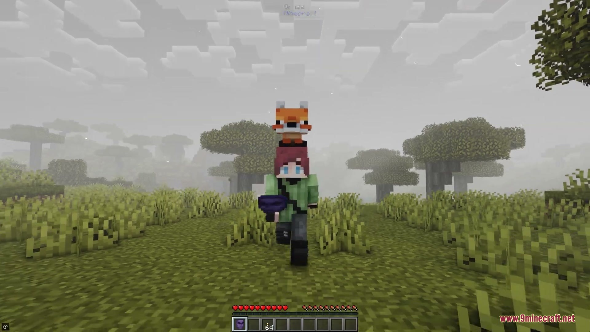 Player character using a fox disguise while walking through a foggy savanna biome