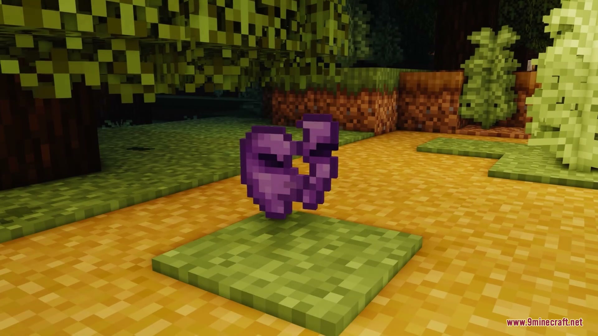 A purple holographic mask item floats above a grass path at night