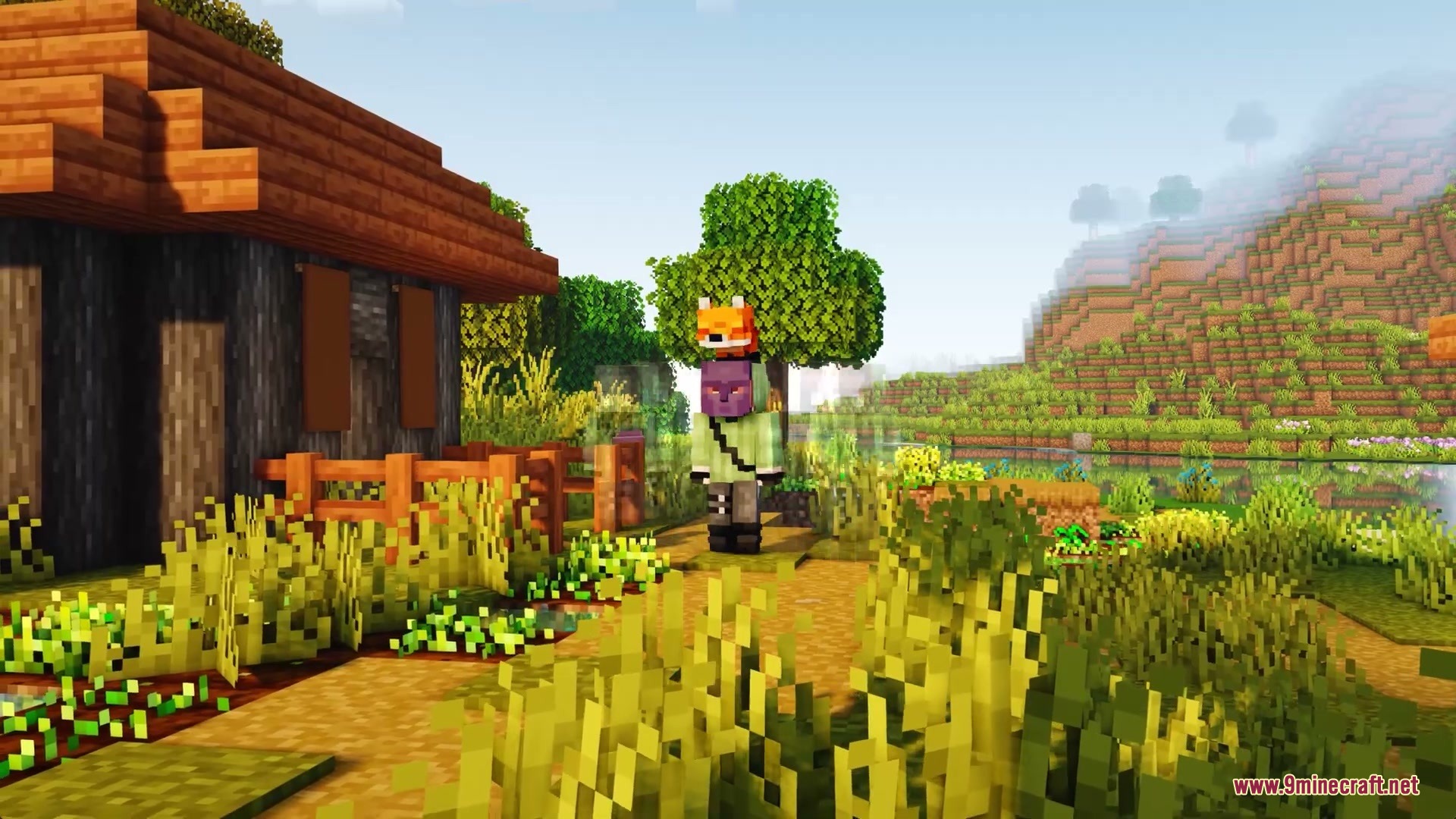 A player wearing a mask and fox hologram disguise in a sunny village