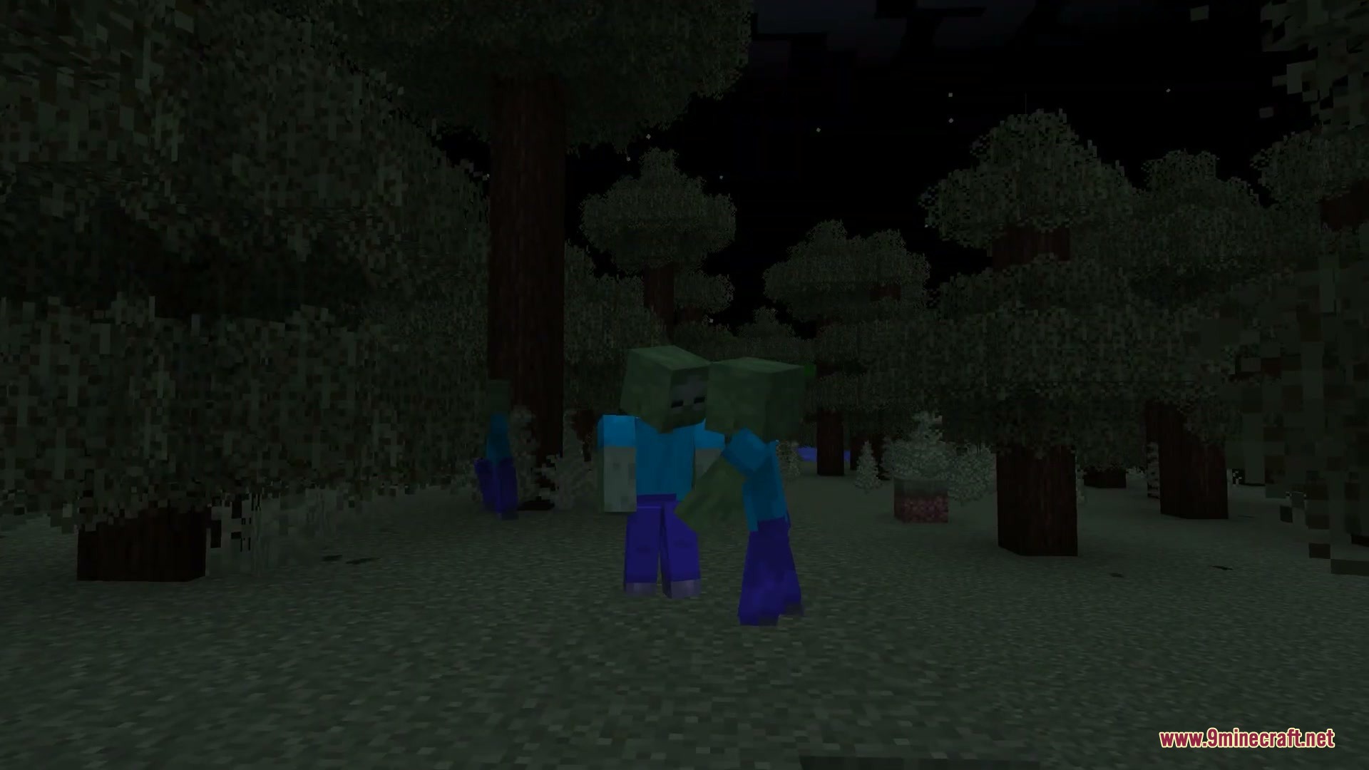 Two zombies standing close to each other in a dark forest at night