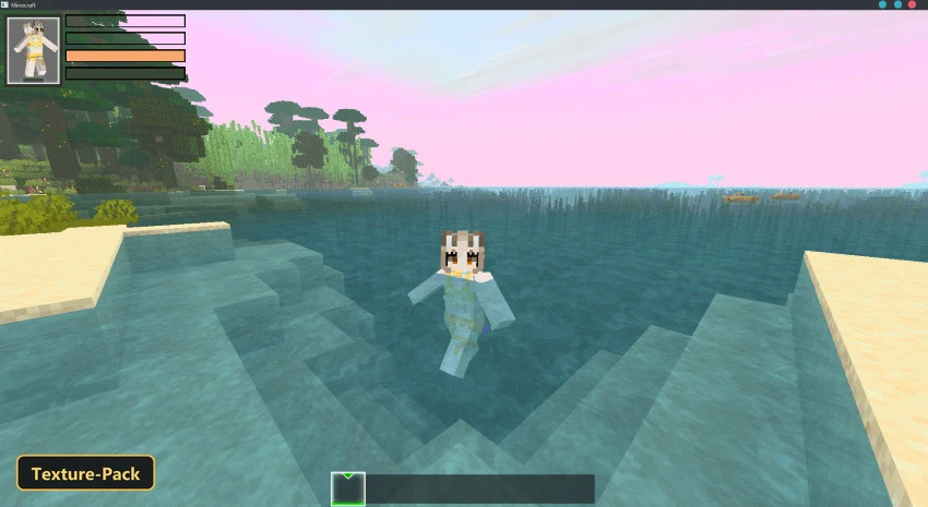 Player character sitting on a sandy beach, fishing, pink sky
