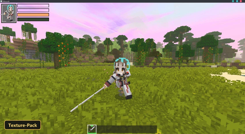 Player character with a shield in a lush jungle biome, pink sky