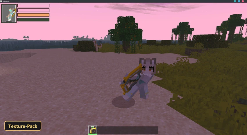 Player character crawling on sandy ground near a jungle, pink sky